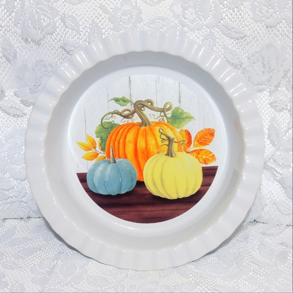 Nantucket Deep Dish Pie Plate Orange Yellow Pumpkin Ruffled Edges Stoneware 10.5